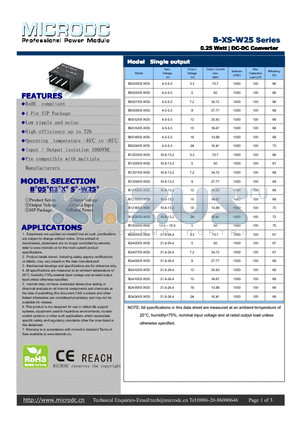 B-XS-W25 datasheet - 0.25Watt | DC-DC Converter