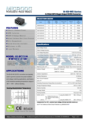 B-XS-W5 datasheet - 0.5Watt SIP4 SingleOutputDC/DC-Converter