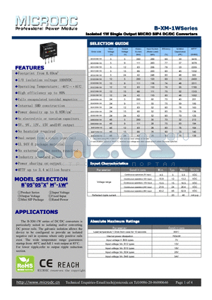 B-XM-1W datasheet - Isolated 1W Single Output MICRO SIP4 DC/DC Converters