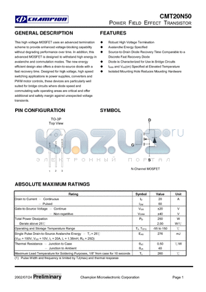 CMT20N503P datasheet - POWER FIELD EFFECT TRANSISTOR