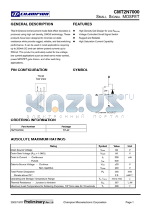 CMT2N7000 datasheet - Small Signal MOSFET