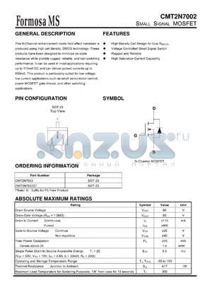 CMT2N7002 datasheet - SMALL SIGNAL MOSFET