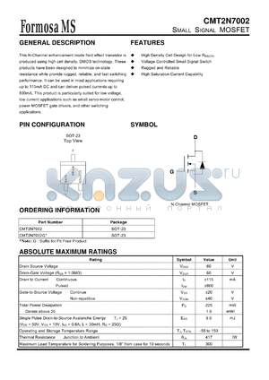 CMT2N7002G datasheet - SMALL SIGNAL MOSFET