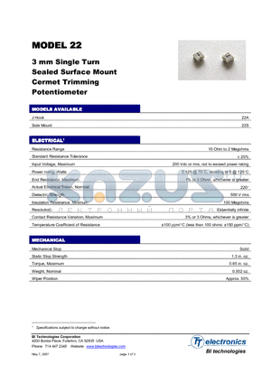 22AR10KLFTR datasheet - 3 mm Single Turn Sealed Surface Mount Cermet Trimming Potentiometer