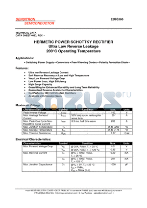 22GQ100 datasheet - HERMETIC POWER SCHOTTKY RECTIFIER