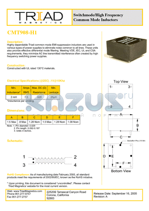 CMT908-H1 datasheet - Switchmode/High Frequency Common Mode Inductors