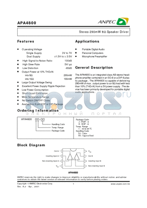 APA4800 datasheet - Stereo 290mW 8ohm Speaker Driver