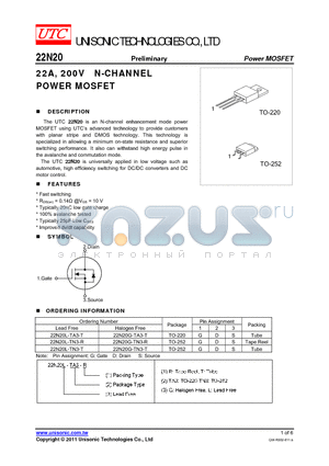 22N20G-TA3-T datasheet - 22A, 200V N-CHANNEL POWER MOSFET