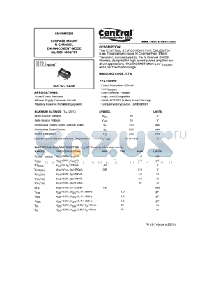 CMUDM7001 datasheet - SURFACE MOUNT N-CHANNEL ENHANCEMENT-MODE SILICON MOSFET