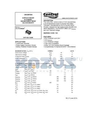 CMUDM7004 datasheet - SURFACE MOUNT N-CHANNEL ENHANCEMENT-MODE SILICON MOSFET