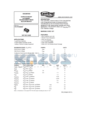CMUDM7005 datasheet - SURFACE MOUNT N-CHANNEL ENHANCEMENT-MODE SILICON MOSFET