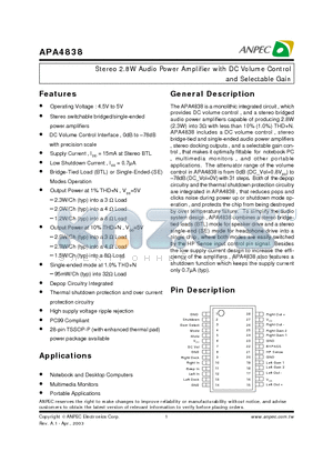 APA4838 datasheet - Stereo 2.8W Audio Power Amplifier with DC Volume Control and Selectable Gain