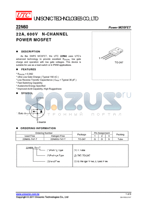 22N60G-T47-T datasheet - 22A, 600V N-CHANNEL POWER MOSFET