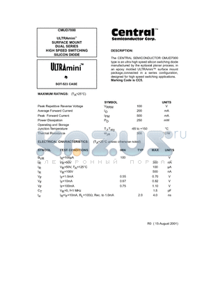 CMUD7000 datasheet - ULTRAmini. SURFACE MOUNT DUAL SERIES HIGH SPEED SWITCHING SILICON DIODE