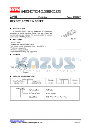 22N65L-T47-T datasheet - HEXFET POWER MOSFET