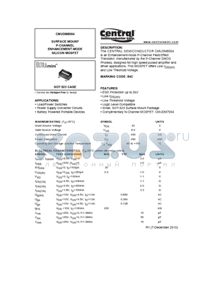 CMUDM8004 datasheet - SURFACE MOUNT P-CHANNEL ENHANCEMENT-MODE SILICON MOSFET