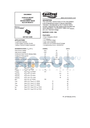 CMUDM8001 datasheet - SURFACE MOUNT P-CHANNEL ENHANCEMENT-MODE SILICON MOSFET