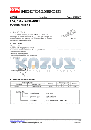 22N65L-T47-T datasheet - 22A, 650V N-CHANNEL POWER MOSFET