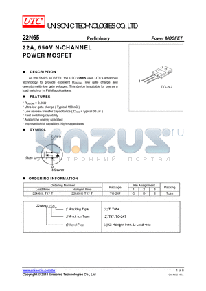 22N65_11 datasheet - 22A, 650V N-CHANNEL POWER MOSFET