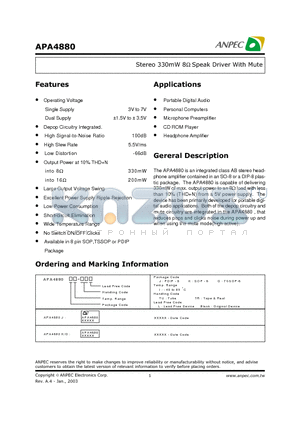 APA4880 datasheet - STEREO 330 MW 8 OHM SPEAK DRIVER WITH MUTE