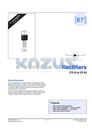 D4015L datasheet - Teccor manufactures 15 A rms to 25 A rms rectifiers with voltages rated from 200V to 1000V