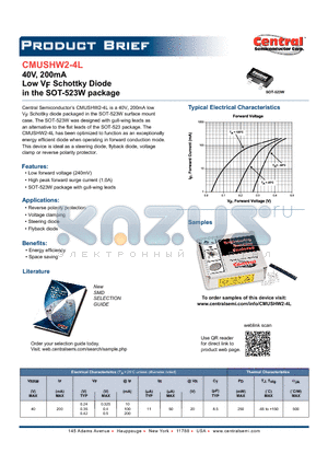 CMUSHW2-4L datasheet - Low VF Schottky Diode in the SOT-523W package