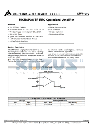 CMV1010 datasheet - MICROPOWER PRO OPERATIONAL AMPLIFIER
