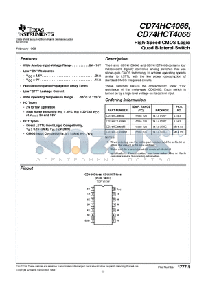 CD74HC4066 datasheet - High-Speed CMOS Logic Quad Bilateral Switch