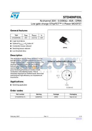 D40NF03L datasheet - N-channel 30V - 0.0090ohm - 40A - DPAK Low gate charge STripFET TM II Power MOSFET