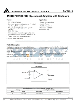 CMV1016YR datasheet - MICROPOWER PRO OPERATIONAL AMPLIFIER WITH SHUTDOWN