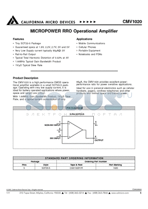 CMV1020 datasheet - MICROPOWER PRO OPERATIONAL AMPLIFIER