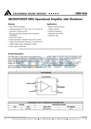 CMV1036 datasheet - MICROPOWER PRO OPERATIONAL AMPLIFIER WITH SHUTDOWN