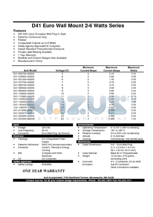 D41-050750-A000G datasheet - D41 Euro Wall Mount 2-6 Watts Series