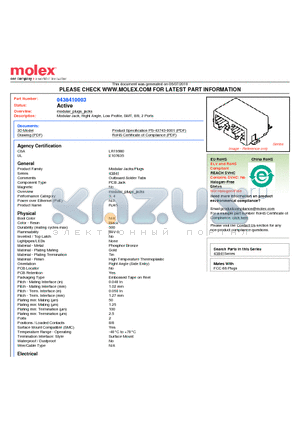 43841-0003 datasheet - Modular Jack, Right Angle, Low Profile, SMT, 8/8, 2 Ports