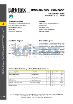 437MS8GE datasheet - SMT GaAs HBT MMIC DIVIDE-BY-3, DC - 7 GHz