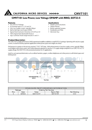 CMV7101YR datasheet - CMV7101 LOW POWER, LOW VOLTAGE OPAMP WITH RRIO, SOT23-5