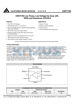 CMV7106 datasheet - CMV7106 LOW POWER, LOW VOLTAGE OP AMP WITH RRIO AND SHUTDOWN, SOT23-6