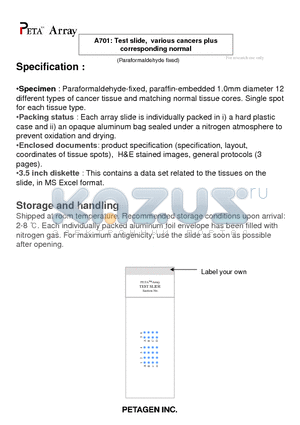 A701 datasheet - A701: Test slide, various cancers plus corresponding normal