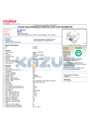 43860-0021 datasheet - Modular Jack, Right Angle, Low Profile, Inverted, Lightpipes, 8/8, Unshielded