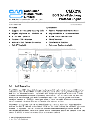 CMX218 datasheet - ISDN Data/Telephony Protocol Engine