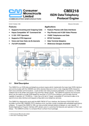 CMX218S1 datasheet - ISDN Data/Telephony Protocol Engine