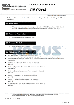 CMX589A datasheet - The Product Data Amendment series of documents