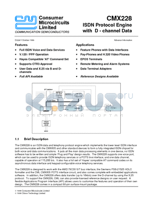 CMX228S1 datasheet - ISDN Protocol Engine with D - channel Data