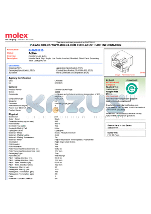 43860-1016 datasheet - Modular Jack, Right Angle, Low Profile, Inverted, Shielded, Offset Panel Grounding Tabs, Lightpipes, 8/8