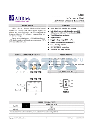 A708 datasheet - 3 CHANNELS 20mA ADVANCED CURRENT REGULATOR