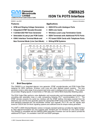 CMX625 datasheet - ISDN TA POTS Interface