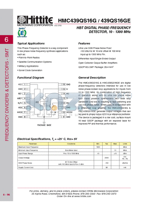 439QS16GE datasheet - HBT DIGITAL PHASE-FREQUENCY DETECTOR, 10 - 1300 MHz