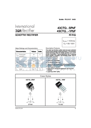 43CTQ080-1PBF datasheet - SCHOTTKY RECTIFIER