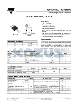 43CTQ080G datasheet - Schottky Rectifier, 2 x 20 A