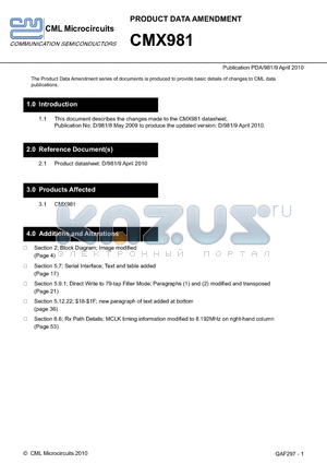 CMX981 datasheet - The Product Data Amendment series of documents